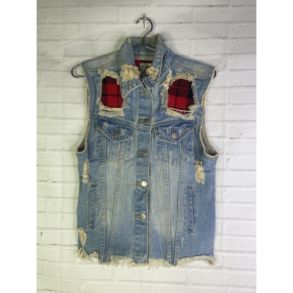 UNIF Womens Small Denim Jean Button Up Front Vest Distressed Destroyed Patches